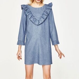 Zara Frayed Bib Frilled Denim Mini Shift Dress